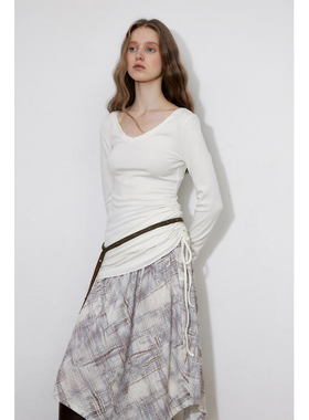 in modo diverso 原创设计手工扭绳V领双层抽绳绑带针织长袖T恤女