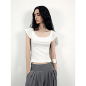 modo diverso原创小众设计波浪木耳边层次感提花针织圆领T恤女