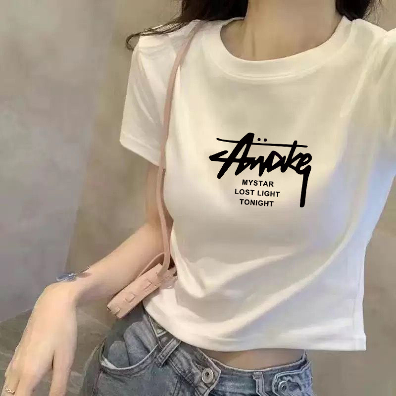 螺纹棉白色短袖T恤女夏季修身短款小个子设计感体恤百搭上衣潮ins