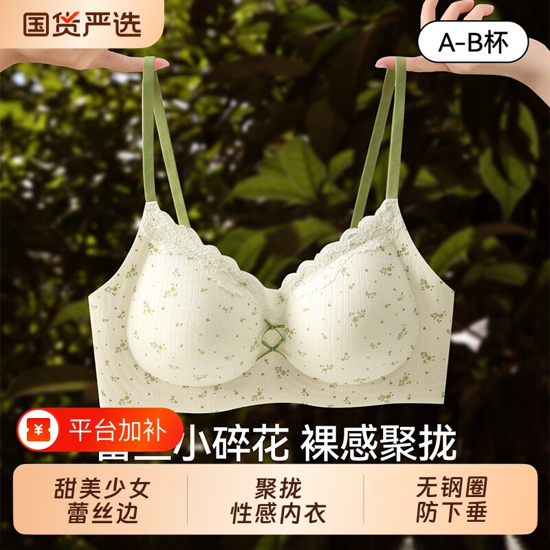 蕾丝碎花内衣少女小胸聚拢防下垂收副乳性感舒适薄款无钢圈文胸罩