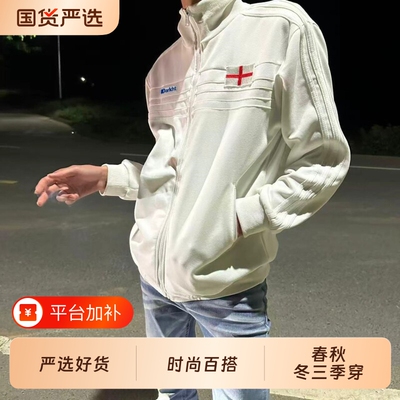 复古立领英格兰拉链卫衣外套男十字贴布字母刺绣休闲夹克开衫上衣