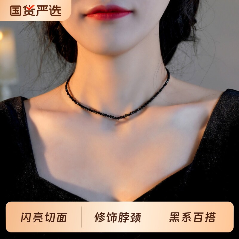 2026新款爆款切面尖晶石锁骨链女黑色显瘦百搭气质合成黑尖晶项链
