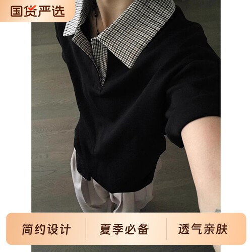 千鸟格拼接短袖polo衫男款夏季美式高街翻领t恤cleanfit正肩半袖