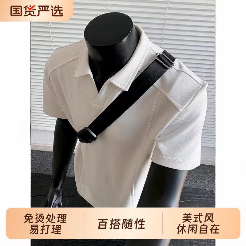 美式boxy正肩短袖polo衫男款夏季拼接t恤痞帅高级感v领黑色