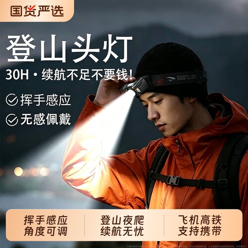 微笑鲨户外登山超长续航头灯