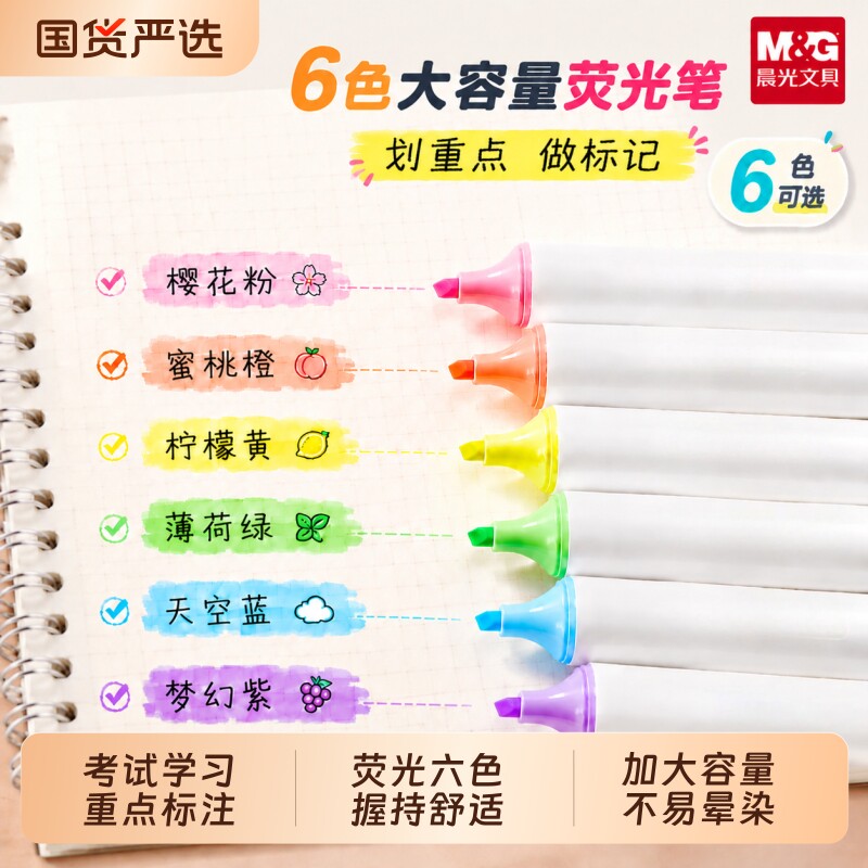 晨光荧光笔到手1盒6支：