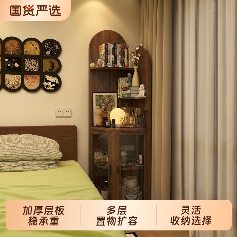 中古风卧室转角置物架客厅靠墙三角收纳柜子拐角展示柜小户型书架图片