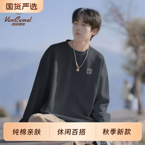 西域骆驼秋季新款印花长袖t恤男
