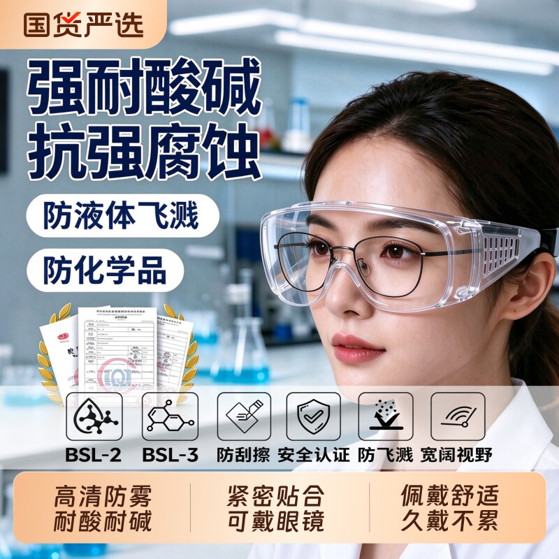 化学实验室护目镜不起雾可戴眼镜酸碱腐蚀防飞溅防水防尘冲击