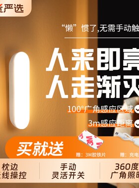 led感应小夜灯宿舍用床头夜灯全自动不插电人走灯灭卫生间灯充电