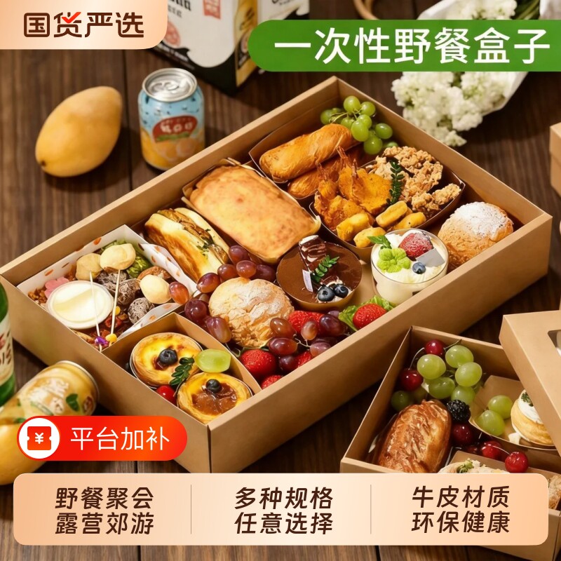 野餐盒子一次性春游打包便当盒网红郊游露营牛皮纸烤肉聚餐包装盒