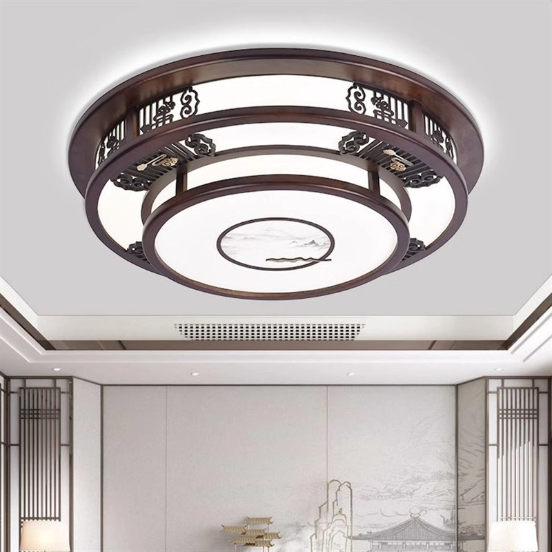 双层简约中式客厅灯大气长方形吸顶灯新中式实木灯具餐厅卧室灯饰