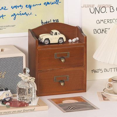 桌面抽屉式收纳盒分隔多层办公室储物小盒子学生复古实木制置物架