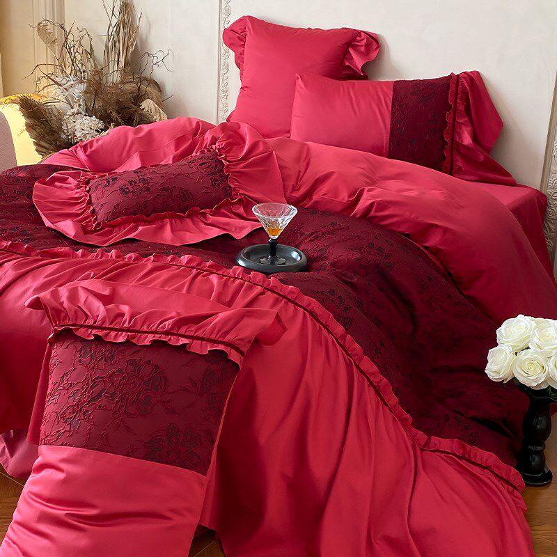 浪漫法式提花婚庆四件套全棉红色花边被套结婚陪嫁床单床上用品