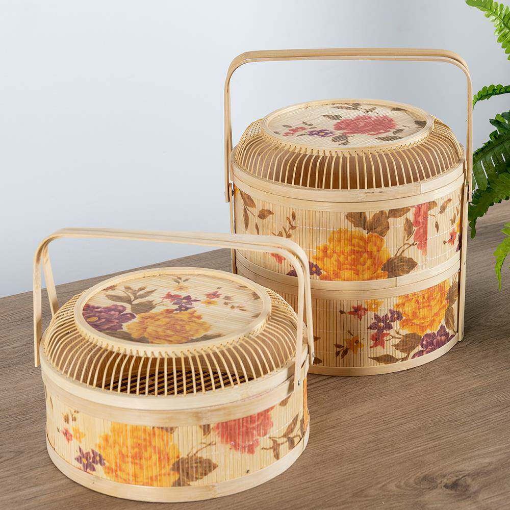 圆形竹篮竹筐竹编中秋月饼包装蓝竹盒礼品篮大小号精美环保竹篮艺