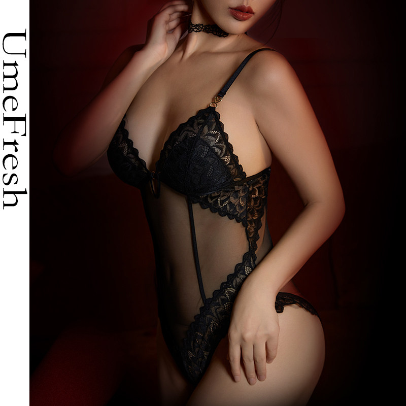 UmeFresh&bull;高级感蕾丝按扣连体衣女性感深V透视网纱纯欲情调制服