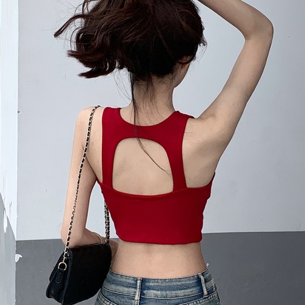 辣妹设计感露背美背吊带背心女夏季外穿显瘦带胸垫无袖短款上衣潮