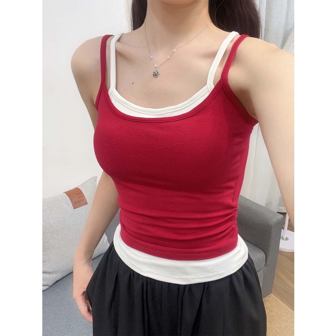 美式辣妹撞色假两件吊带背心女