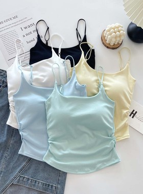 吊带背心女2025新款带胸垫内搭外穿美背夏小褶皱黄色打底无袖上衣
