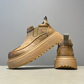 2025秋冬新款 男鞋 真皮高帮休闲棉鞋 厚底棕色加绒保暖一脚蹬马丁靴