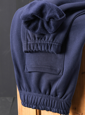 【一体绒】藏蓝色双股双纱自发热束脚裤 秋冬季纯色简约加绒卫裤