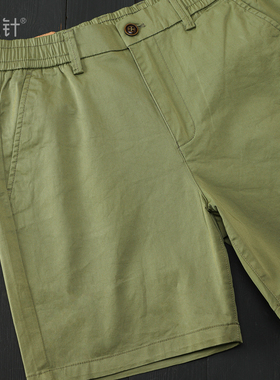 军绿色全棉松紧腰四分裤 纯色简约复古洗水微弹百搭工装短裤男夏