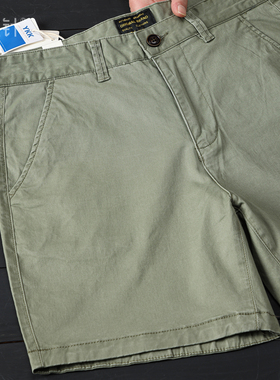 军绿色全棉透气微弹三分裤复古纯色简约通勤百搭洗水做旧男夏短裤