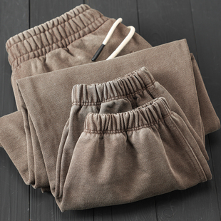 复古宽松束脚长裤 2025炒雪花做旧洗水栗褐色纯棉卫裤 400g重磅美式