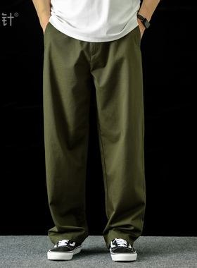 新疆长绒棉洗水四季款复古工装裤纯色百搭通勤宽松直筒军绿色长裤
