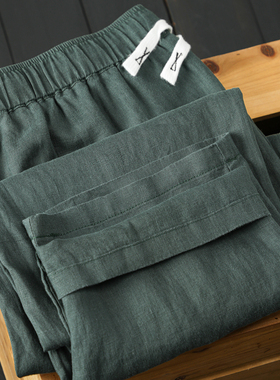 墨绿色纯亚麻松紧腰小脚口长裤 2025夏季吸湿排汗轻薄透气直筒裤