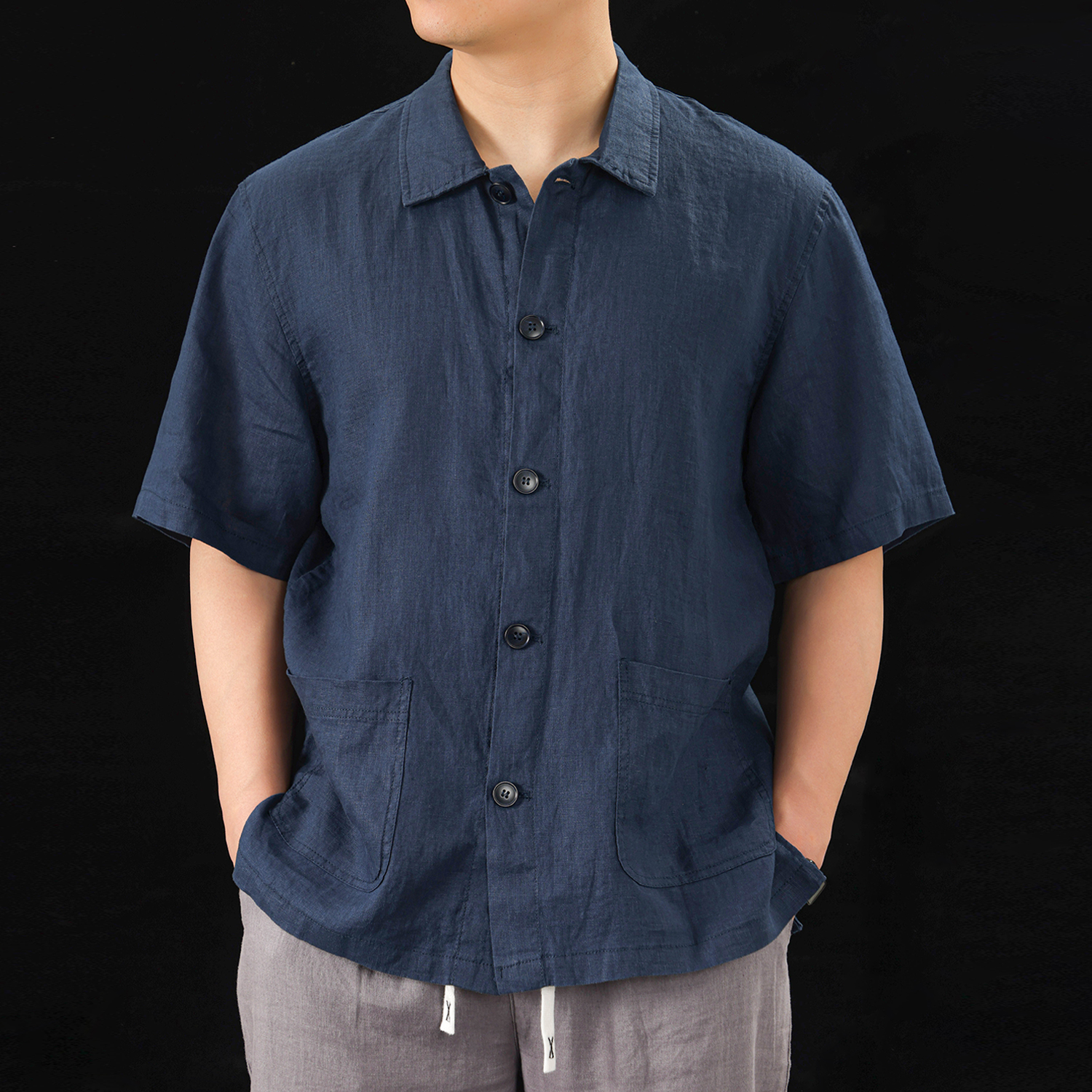 100%亚麻纽扣翻领短袖衬衫