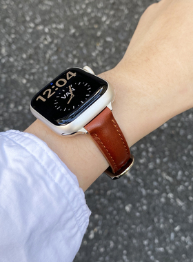 适用iwatchs11/10/9表带红色真皮细款表带高级感复古百搭女款表带