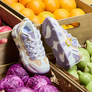 特步童鞋特步儿童运动鞋女童老爹鞋厚底耐磨休闲鞋紫色卡通厚底鞋