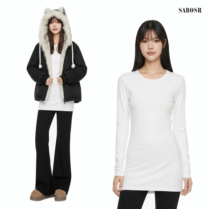 白色内搭圆领中长款遮屁股长袖女t恤修身紧身打底衫上衣德绒纯棉