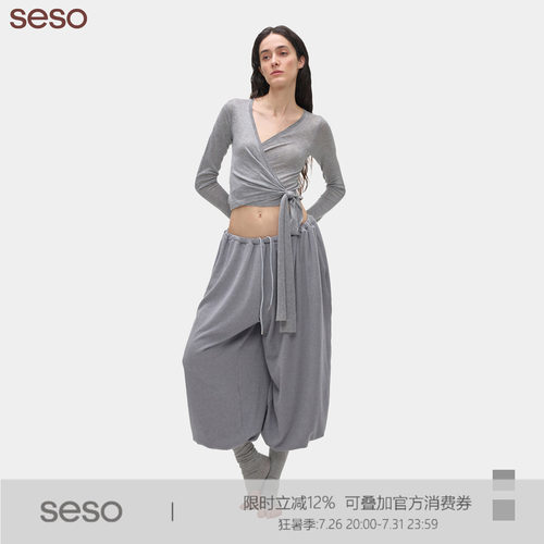 seso交叉毛织绑带罩衫紧身透气