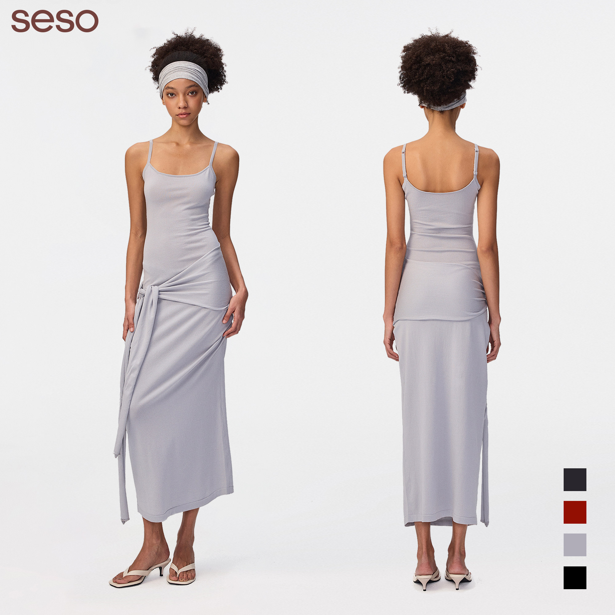 seso丨&ldquo;都市流线&rdquo;绑带连衣裙 方领无袖针织修身垂感设计