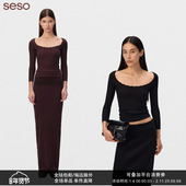 seso 羊毛混纺毛织U领花边T恤 定制面料自带柔和光泽松弛感