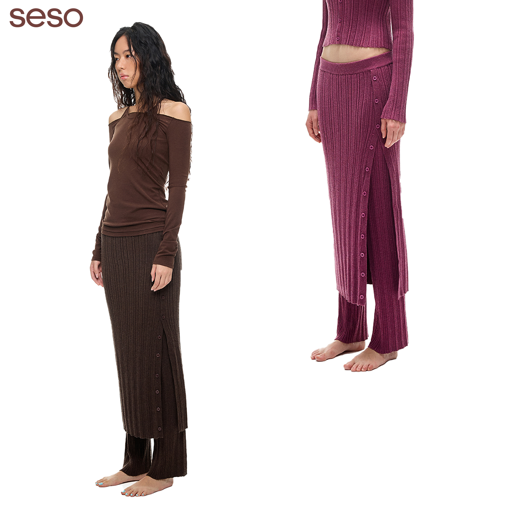 seso优雅美利奴羊毛坑条针织裙裤