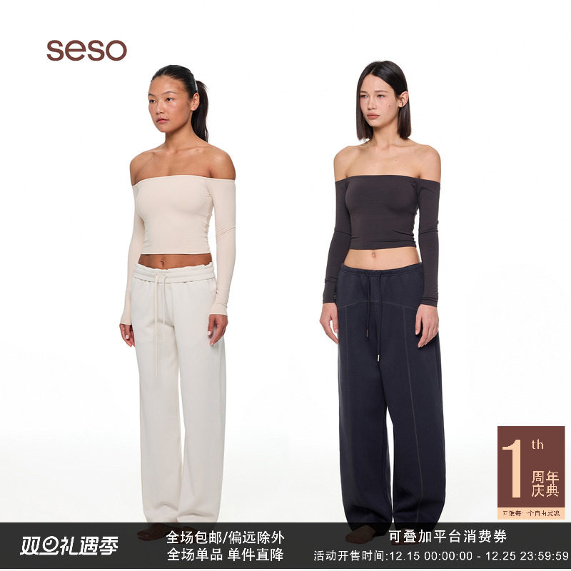 seso一字领修身长袖上衣