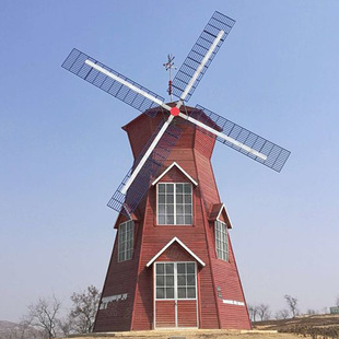 户外复古钢木结构旋转风车 景点打卡商业美陈摆件 防腐木景观工程
