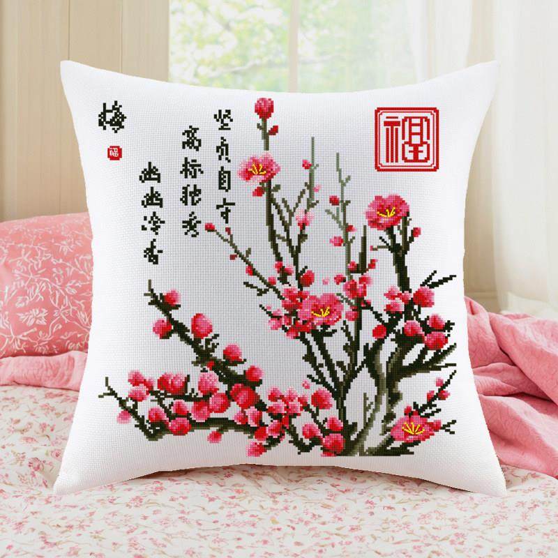 高级感十字绣抱枕十字绣花卉梅兰竹菊梅花客厅沙发汽车靠垫自己绣