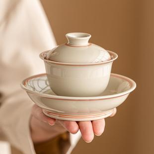 茶碗带盖不烫手单个陶瓷茶具 厂家手绘双线三才盖碗泡茶碗简约中式