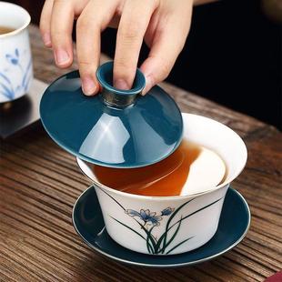 手绘三才盖碗茶杯茶碗白瓷盖碗大号家用泡茶三炮台八宝茶碗