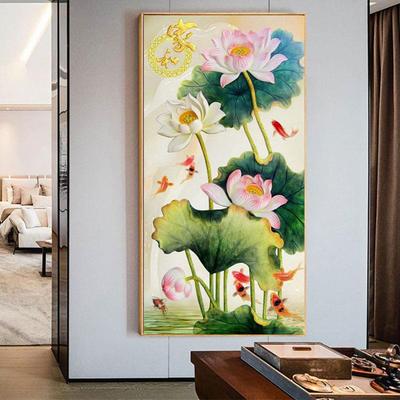 新款5D钻石画九鱼图贴钻画客厅竖版砖石秀满钻荷花点钻十字绣玄关