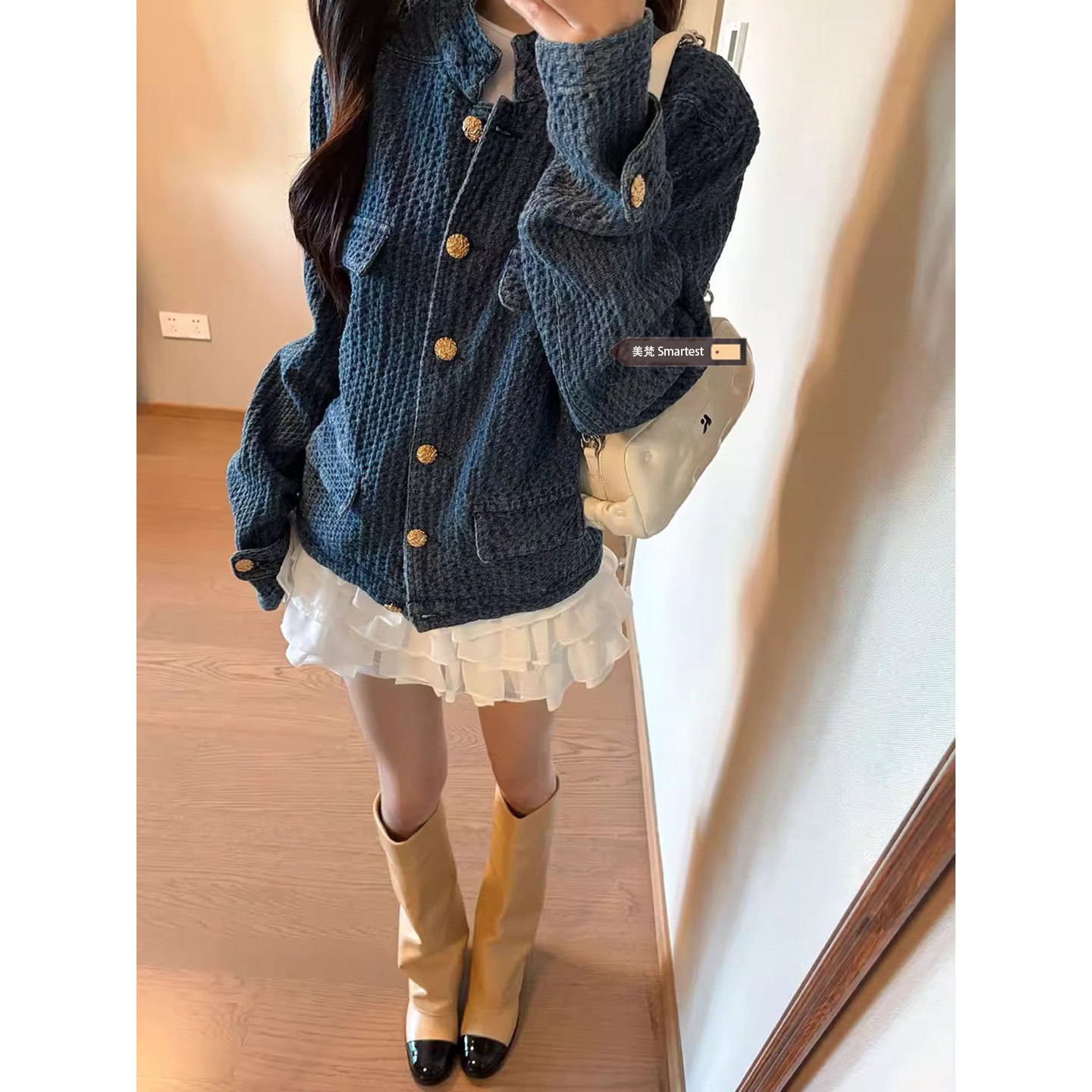 秋季外套女款秋复古蓝色调肌理感牛仔小香风外套女春秋款宽松夹克