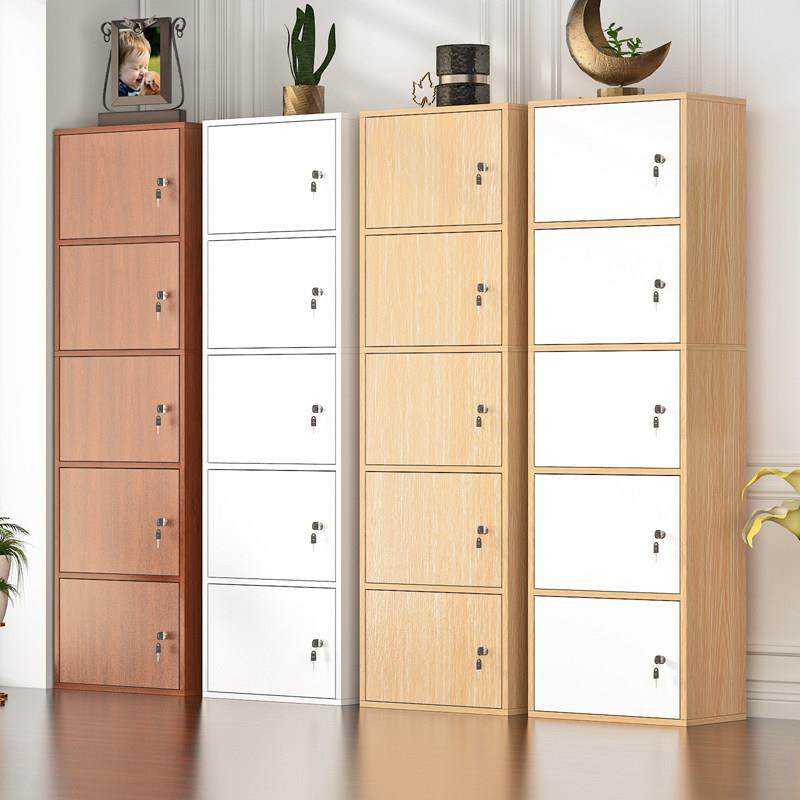 简易带锁书柜书架落地现代简约收纳柜实木色带门组合格子柜收纳柜