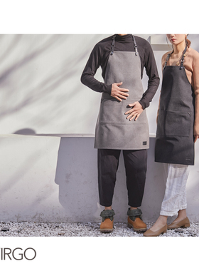 优选Virgo灰色黑色水洗复古帆布围裙 咖啡 画室 餐厅工作围裙定制