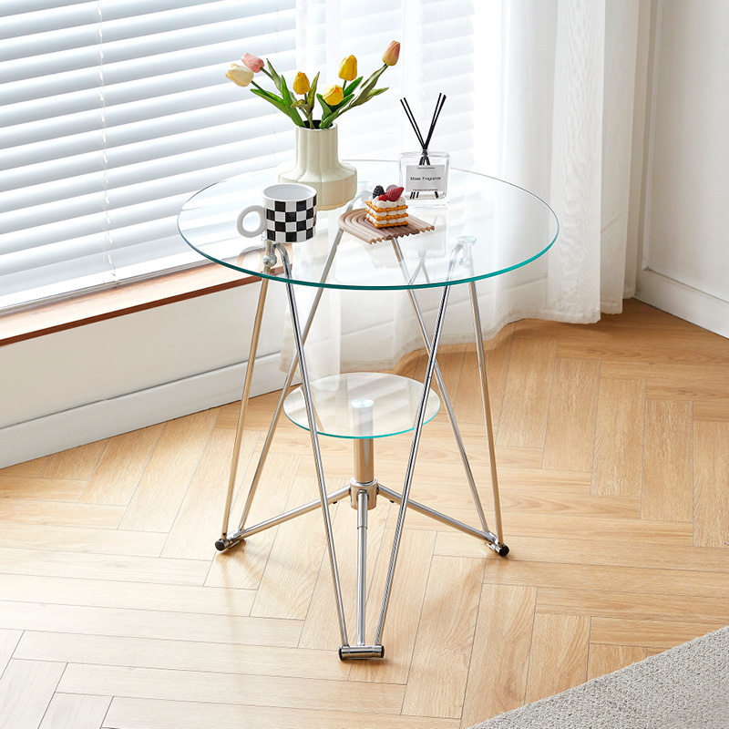 优选休闲阳台钢化玻璃桌圆形小餐桌洽谈桌茶桌圆桌面中古风复古桌