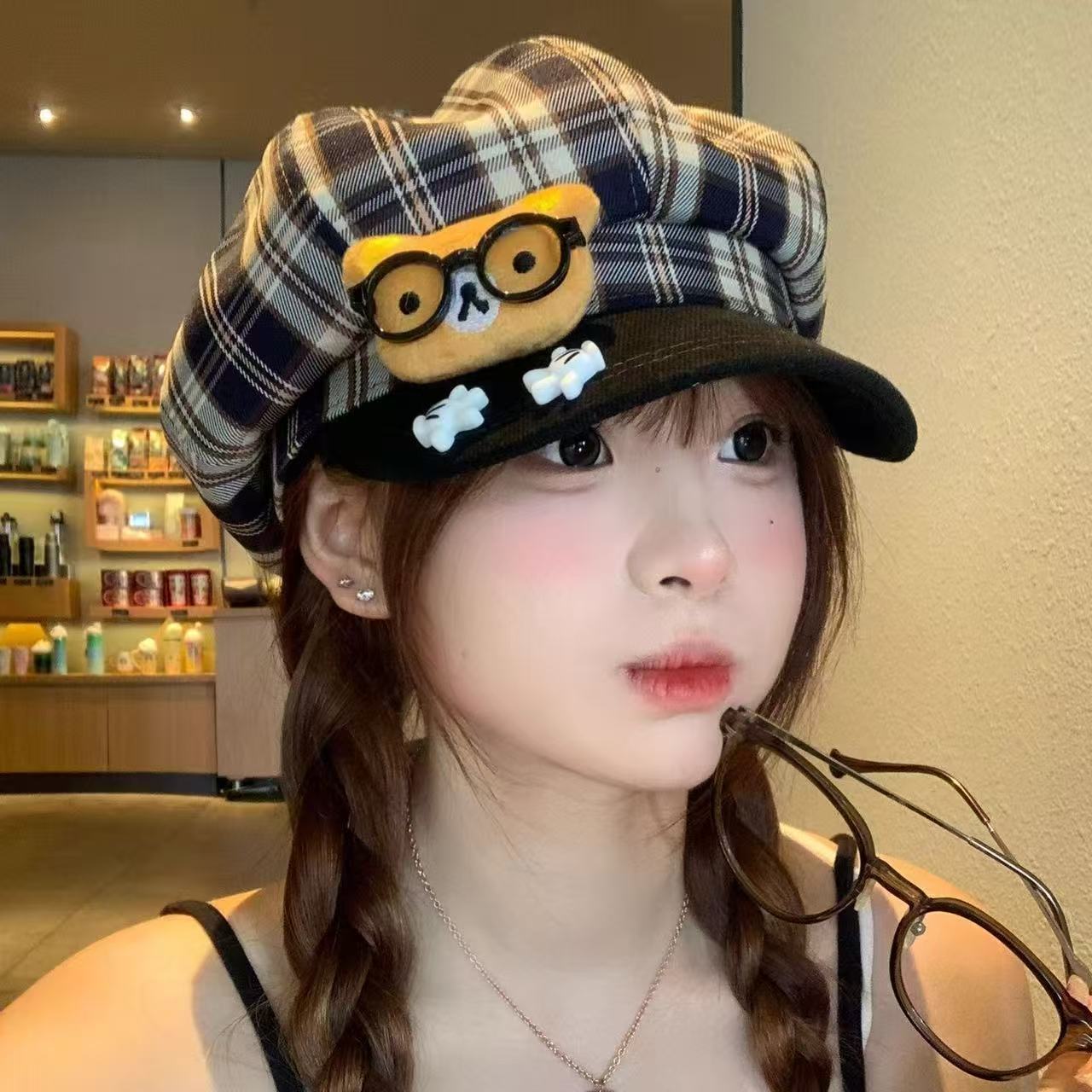 可爱卡通小熊格纹八角贝雷帽女小