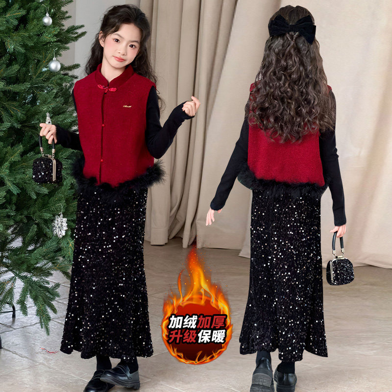 女童加绒唐装拜年服冬款2025新款洋气儿童亮片裙马甲三件套新年装,童装/婴儿装/亲子装,唐装,淘宝优惠券,粉丝福利购,淘宝优惠卷